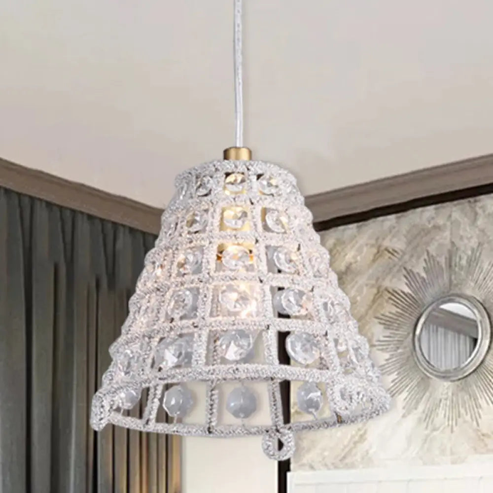 Gold Cone Cage Pendant Light With Crystal Beads - Modernist Bedroom Lamp