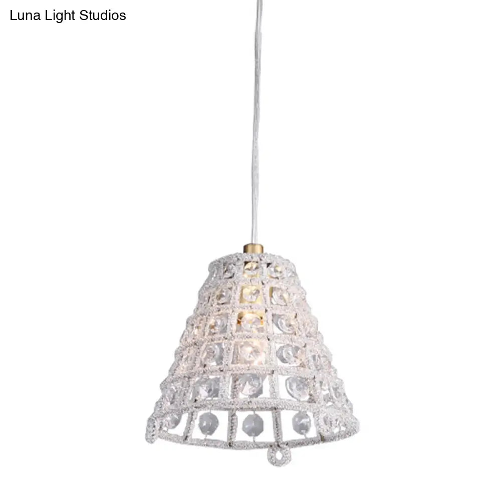 Modernist Crystal Bead Cone Cage Pendant Light In Gold - Bedroom Pendulum Lamp