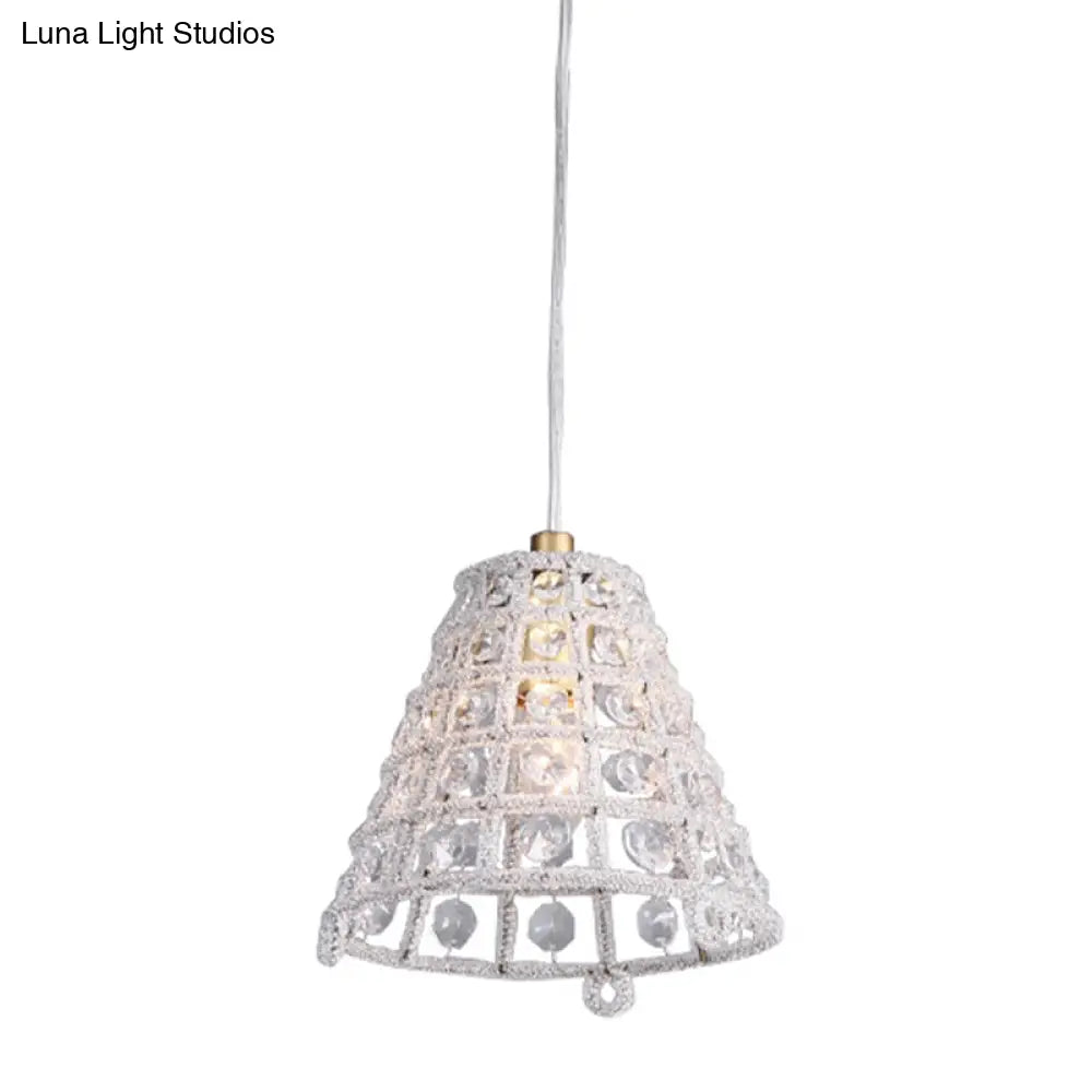 Gold Cone Cage Pendant Light With Crystal Beads - Modernist Bedroom Lamp