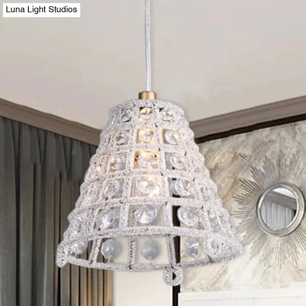 Modernist Crystal Bead Cone Cage Pendant Light In Gold - Bedroom Pendulum Lamp