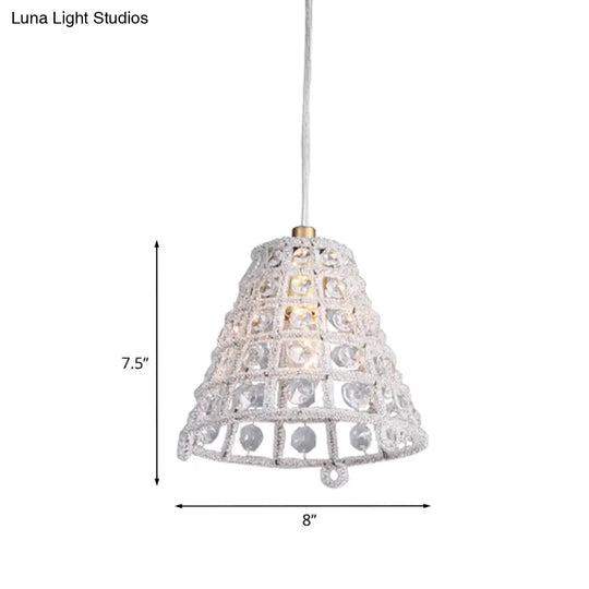 Gold Cone Cage Pendant Light With Crystal Beads - Modernist Bedroom Lamp