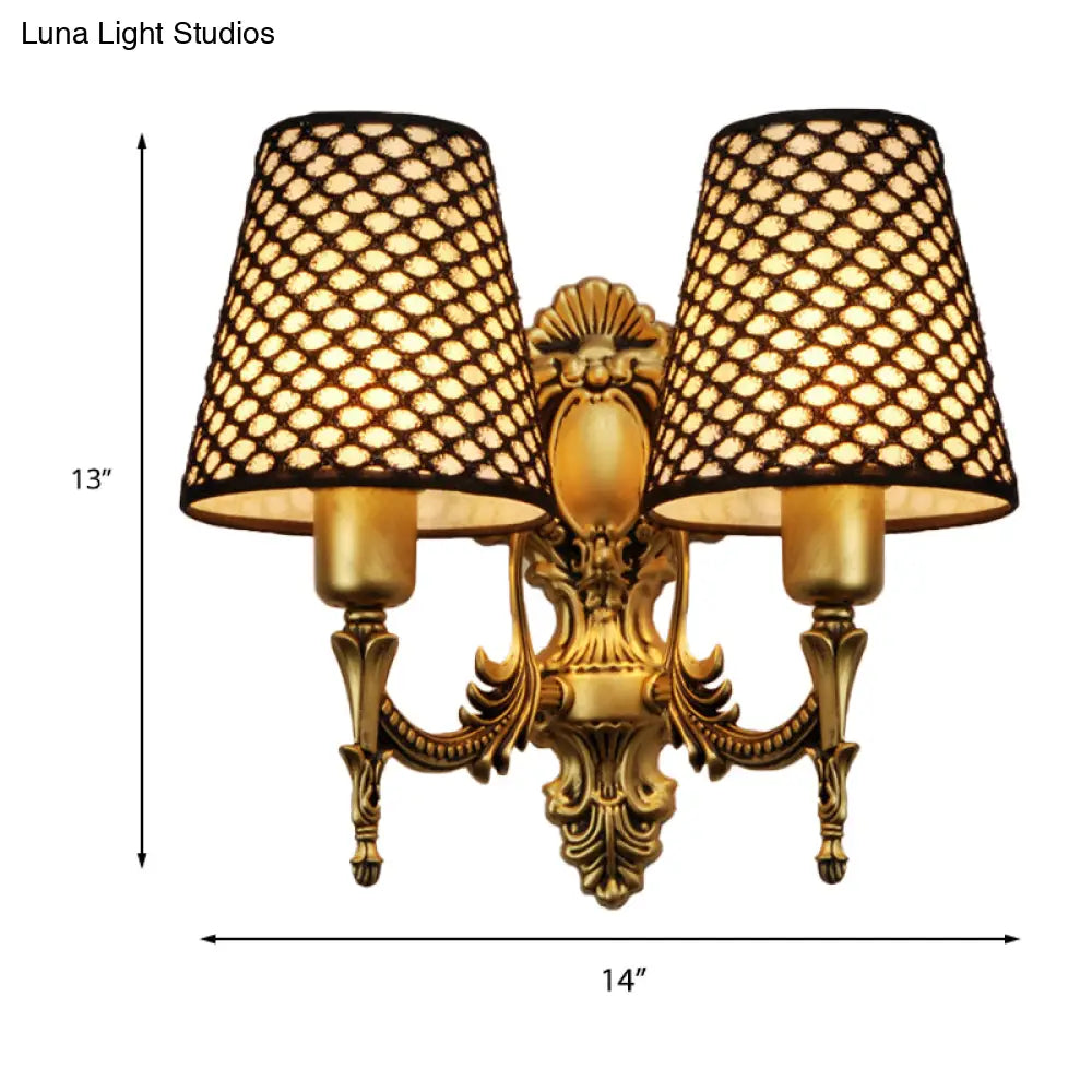 Gold Cone Wall Mount Sconce Light With Carved Lattice Fabric Shade Traditional Metal Design For