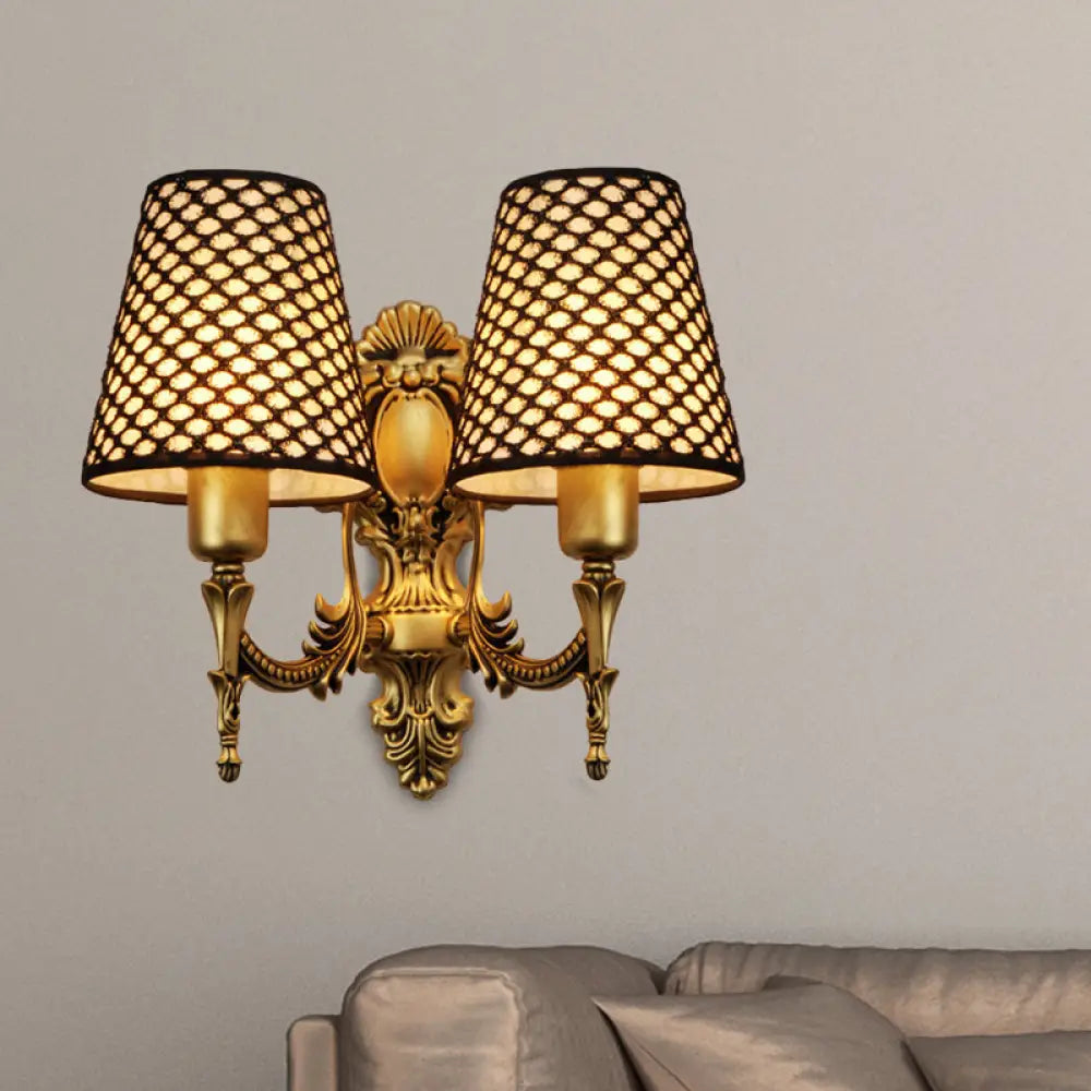 Gold Cone Wall Mount Sconce Light With Carved Lattice Fabric Shade Traditional Metal Design For