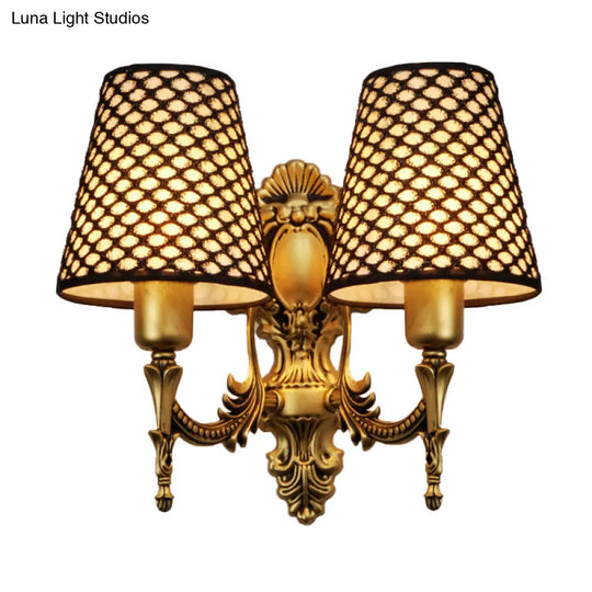 Gold Cone Wall Mount Sconce Light With Carved Lattice Fabric Shade Traditional Metal Design For