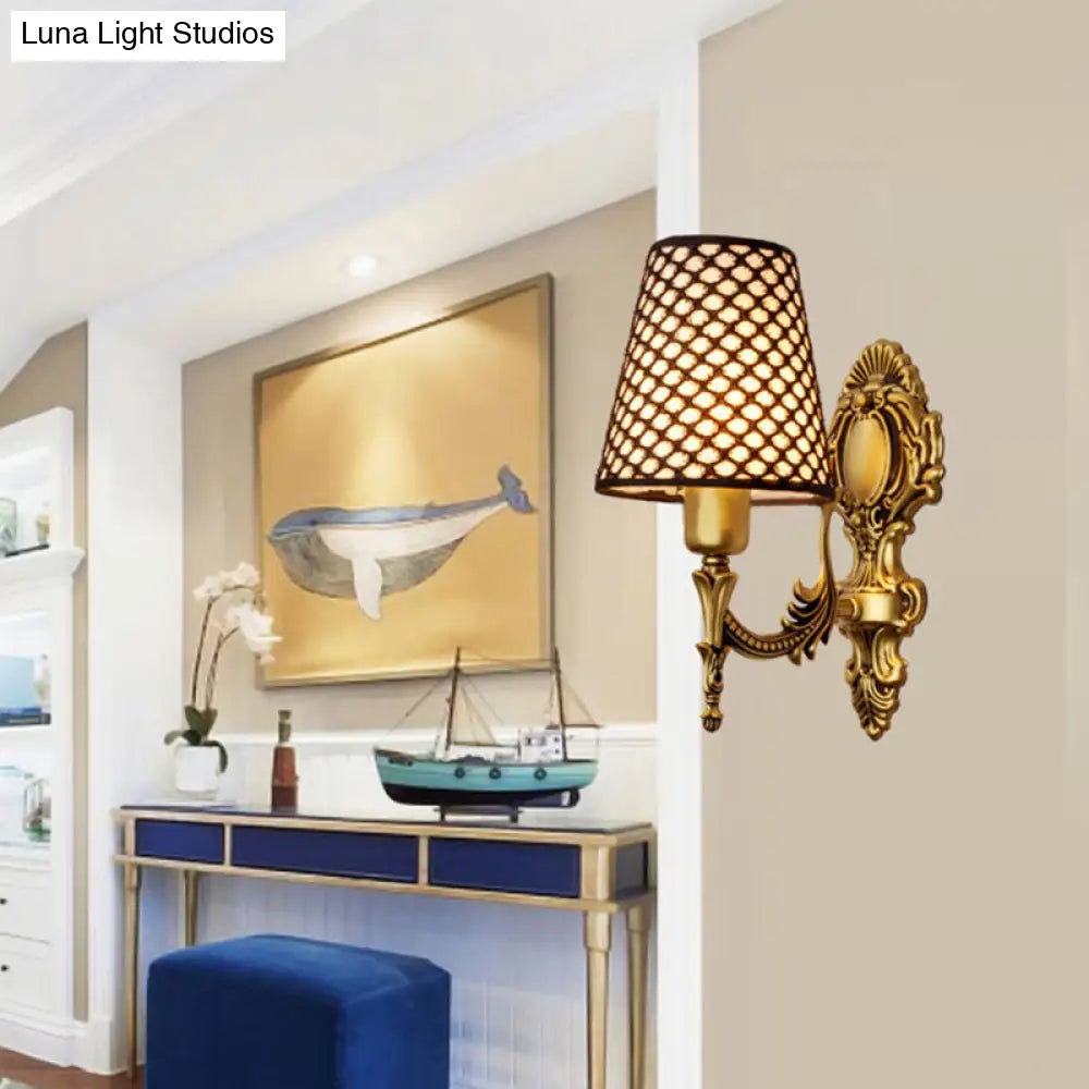 Gold Cone Wall Mount Sconce Light With Carved Lattice Fabric Shade Traditional Metal Design For