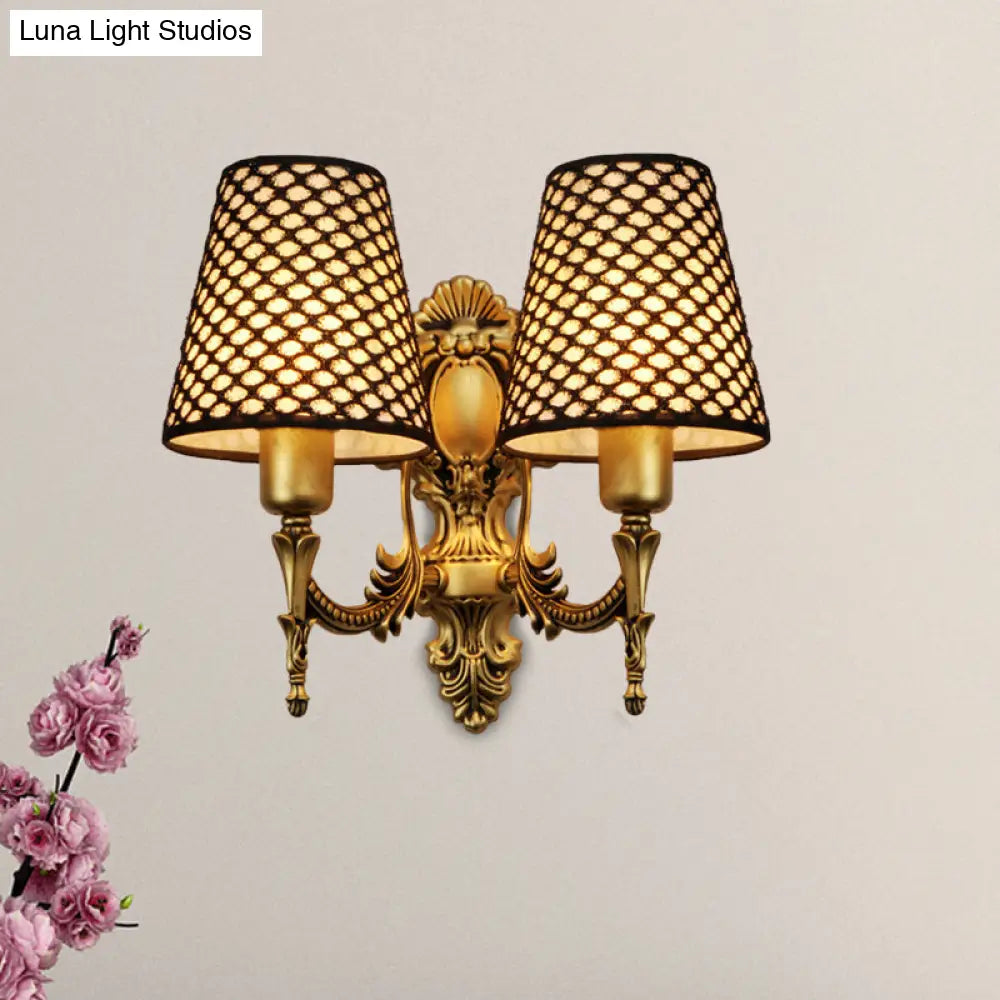 Gold Cone Wall Mount Sconce Light With Carved Lattice Fabric Shade Traditional Metal Design For