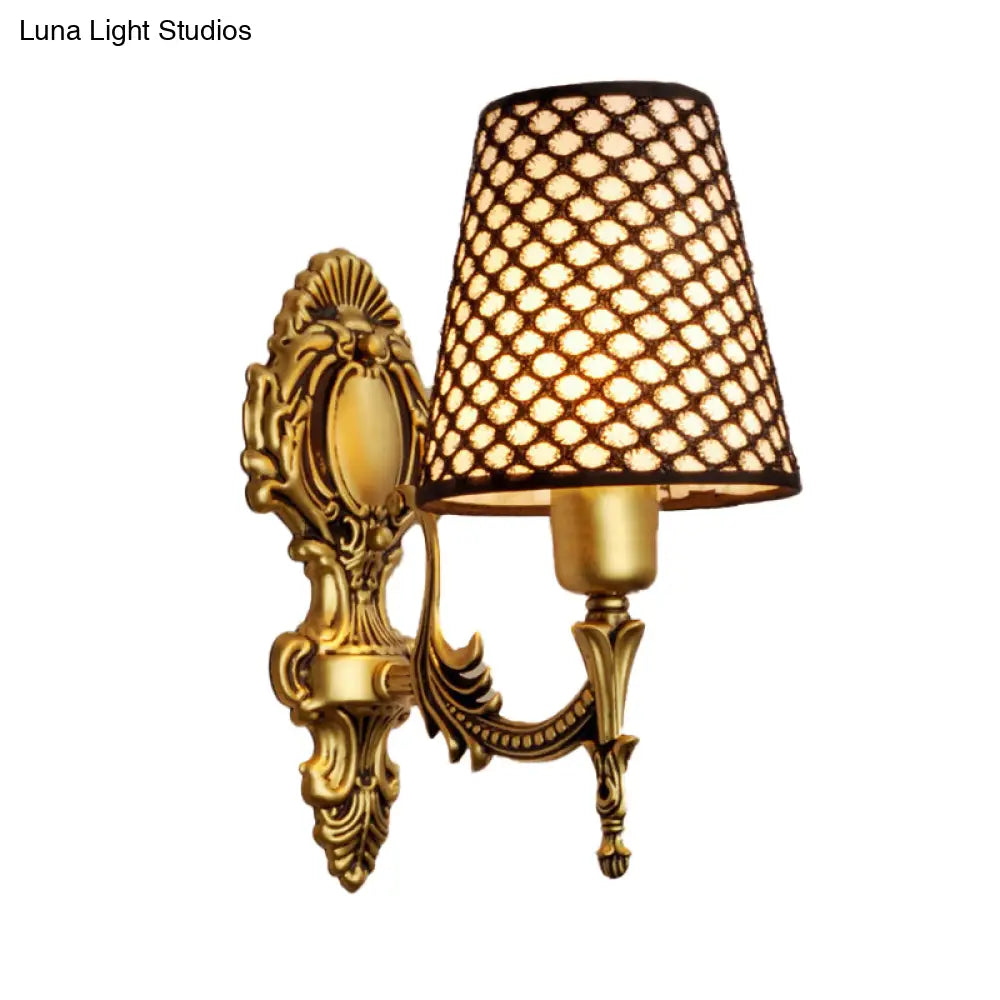 Gold Cone Wall Mount Sconce Light With Carved Lattice Fabric Shade Traditional Metal Design For