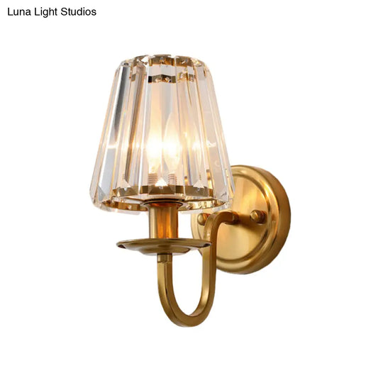 Gold Cone Wall Sconce With Crystal & Arched Arm