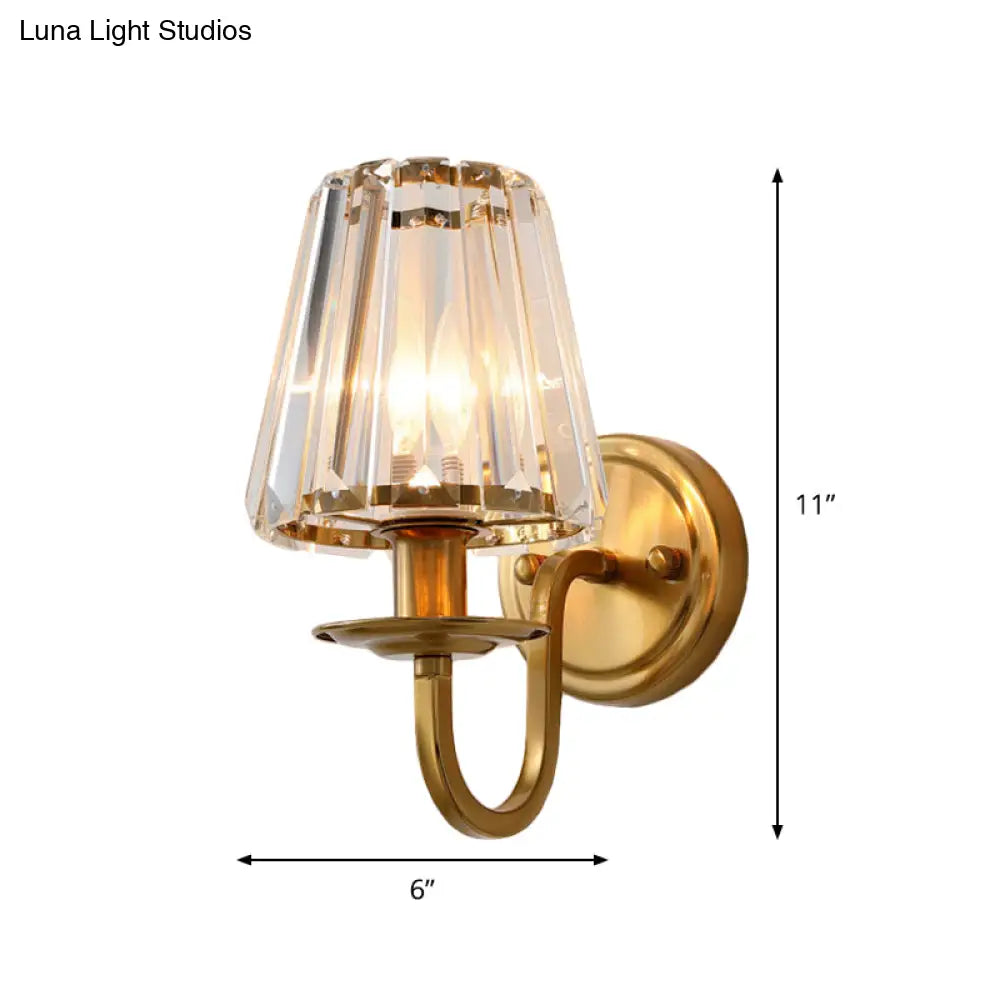 Gold Cone Wall Sconce With Crystal & Arched Arm