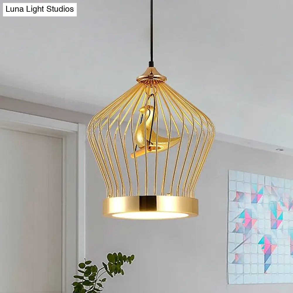 Simple Gold Crown Cage Pendant Lamp With Bird Deco - 1-Light Metal Ceiling Lighting