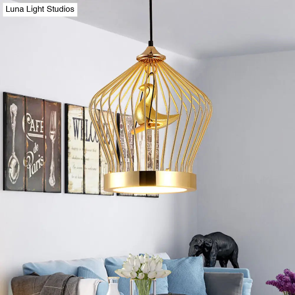 Simple Gold Crown Cage Pendant Lamp With Bird Deco - 1-Light Metal Ceiling Lighting