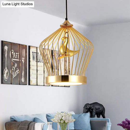 Simple Gold Crown Cage Pendant Lamp With Bird Deco - 1-Light Metal Ceiling Lighting