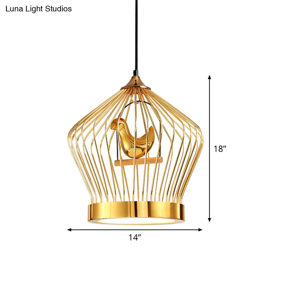 Gold Crown Cage Pendant Light With Bird Deco - Simple Metal Ceiling Lamp