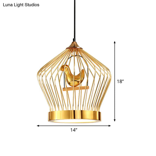 Gold Crown Cage Pendant Light With Bird Deco - Simple Metal Ceiling Lamp