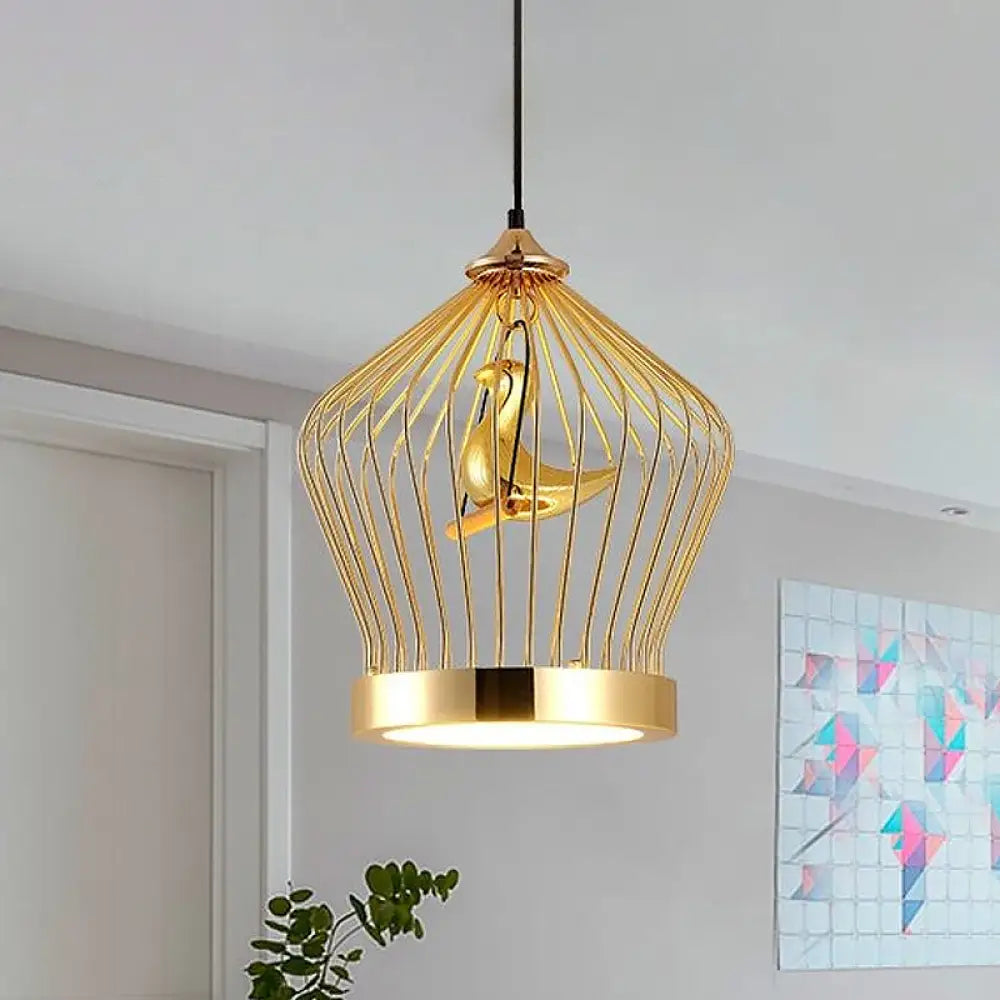 Gold Crown Cage Pendant Light With Bird Deco - Simple Metal Ceiling Lamp