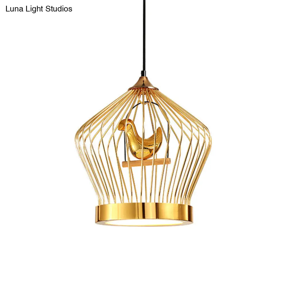 Simple Gold Crown Cage Pendant Lamp With Bird Deco - 1-Light Metal Ceiling Lighting