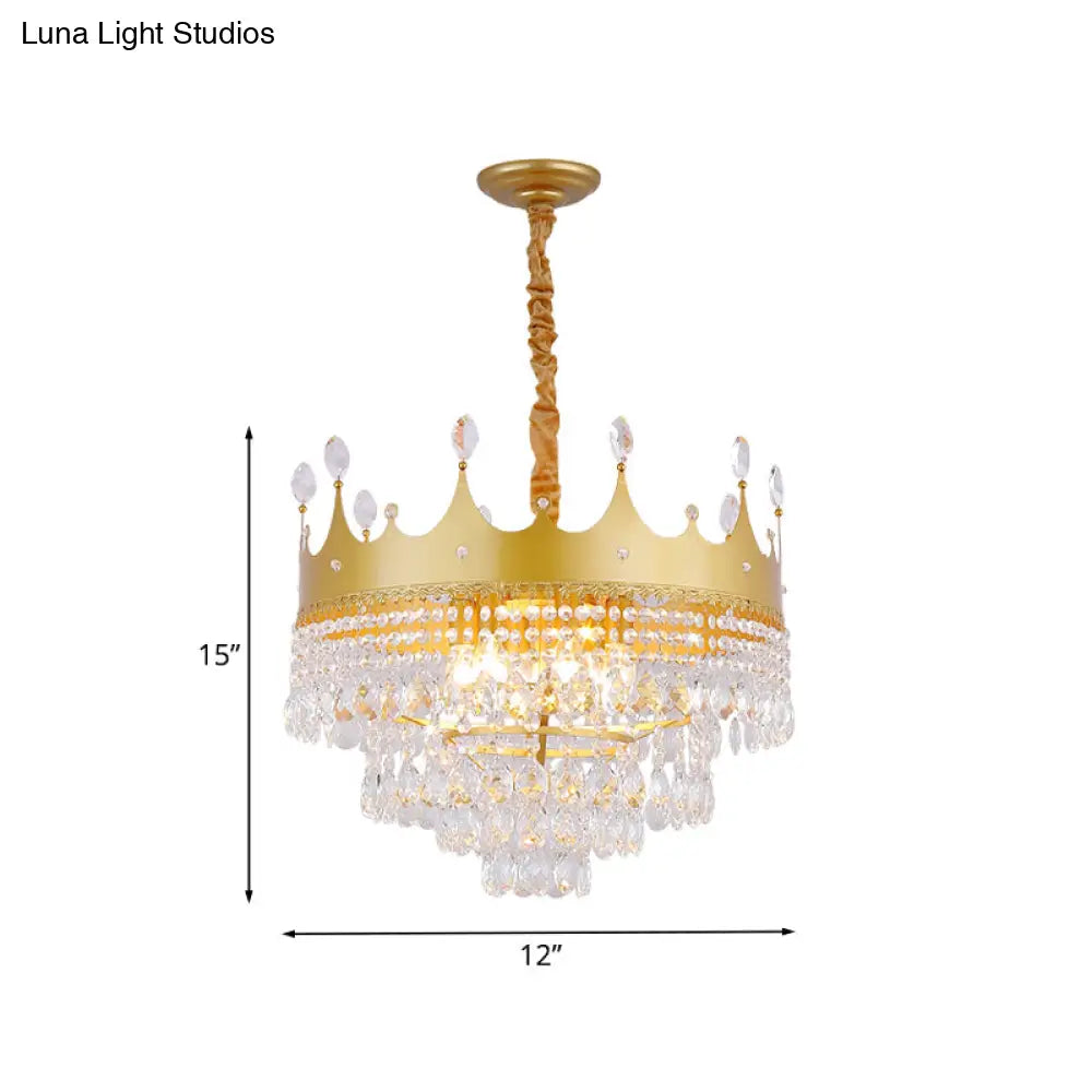 Gold Crown Chandelier: Metallic Kids Pendant Light With Crystal Drops