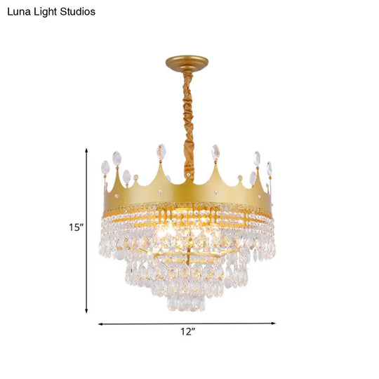 Gold Crown Chandelier: Metallic Kids Pendant Light With Crystal Drops