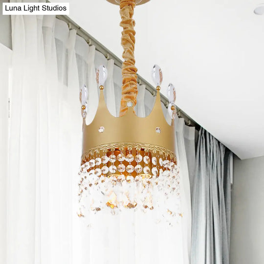 Gold Crown Chandelier: Metallic Kids Pendant Light With Crystal Drops