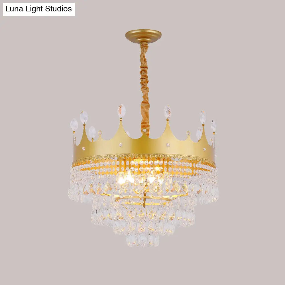 Gold Crown Chandelier: Metallic Kids Pendant Light With Crystal Drops