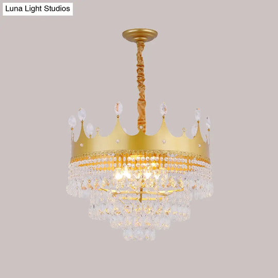 Gold Crown Chandelier: Metallic Kids Pendant Light With Crystal Drops