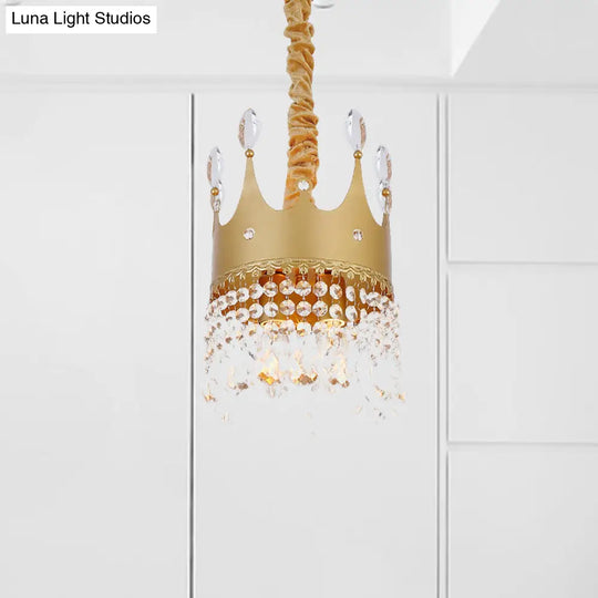 Gold Crown Chandelier: Metallic Kids Pendant Light With Crystal Drops