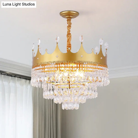 Gold Crown Chandelier: Metallic Kids Pendant Light With Crystal Drops