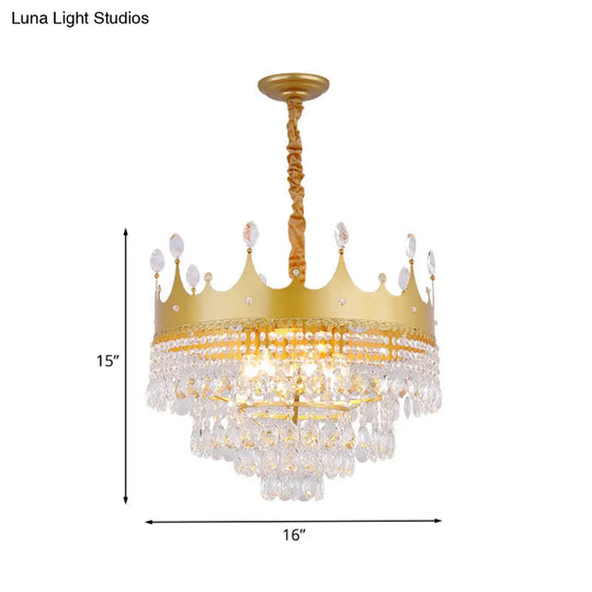 Gold Crown Chandelier: Metallic Kids Pendant Light With Crystal Drops