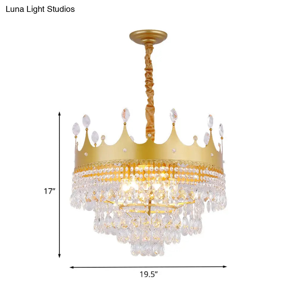 Gold Crown Chandelier: Metallic Kids Pendant Light With Crystal Drops