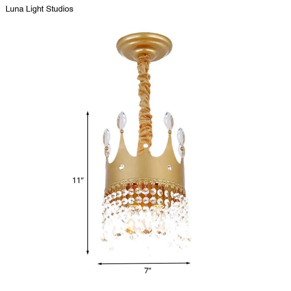 Gold Crown Chandelier: Metallic Kids Pendant Light With Crystal Drops