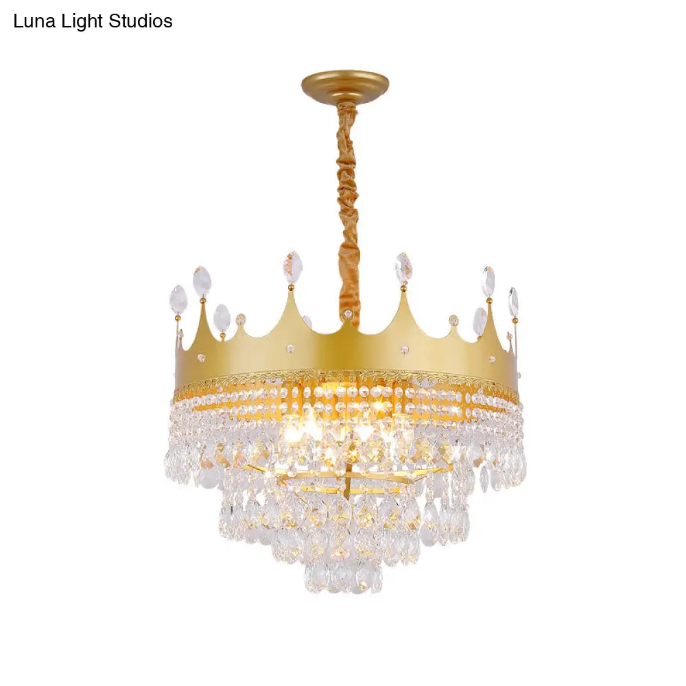 Gold Crown Chandelier: Metallic Kids Pendant Light With Crystal Drops