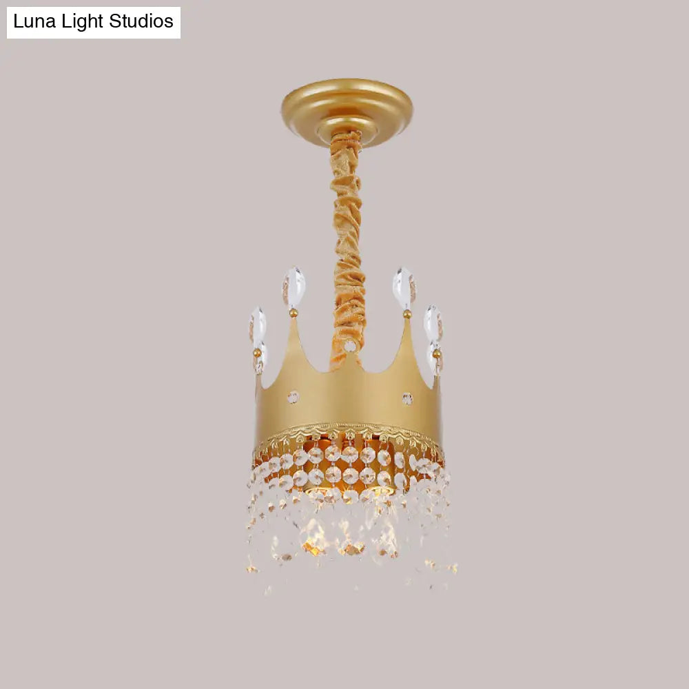 Gold Crown Chandelier: Metallic Kids Pendant Light With Crystal Drops