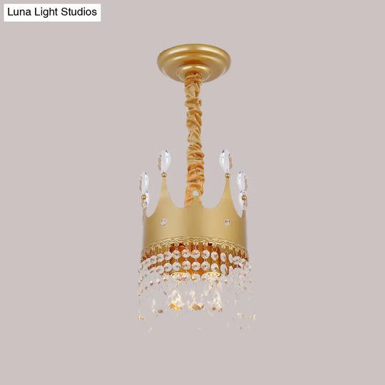 Gold Crown Chandelier: Metallic Kids Pendant Light With Crystal Drops