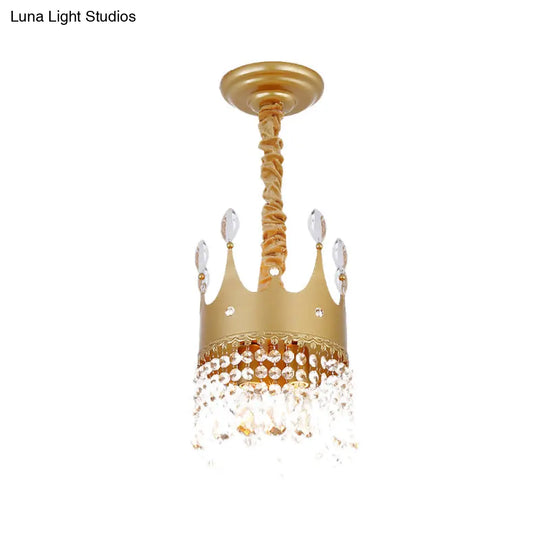 Gold Crown Chandelier: Metallic Kids Pendant Light With Crystal Drops