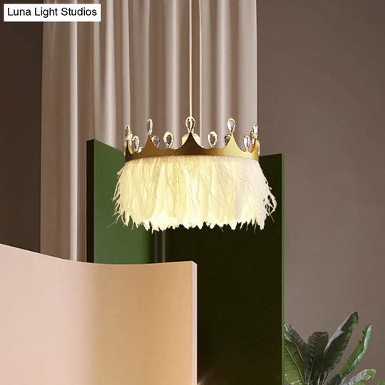 Golden Feather Crown Pendant Light For Kids Bedroom - 1-Light Nordic Hanging Fixture (16/19.5 W)