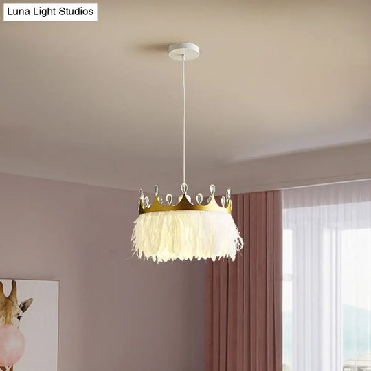 Gold Crown Shaped Kids Bedroom Pendant Lamp Feather Nordic Hanging Light - 1-Light Fixture