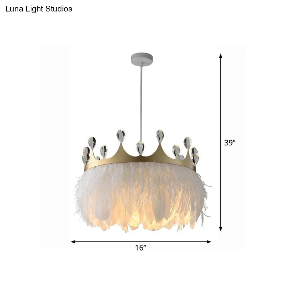 Gold Crown Shaped Kids Bedroom Pendant Lamp Feather Nordic Hanging Light - 1-Light Fixture