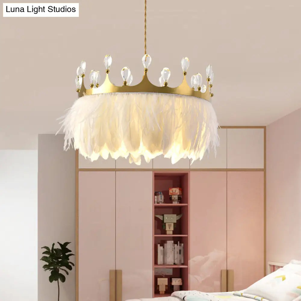 Golden Feather Crown Pendant Light For Kids Bedroom - 1-Light Nordic Hanging Fixture (16/19.5 W)