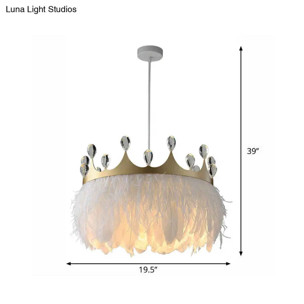 Golden Feather Crown Pendant Light For Kids Bedroom - 1-Light Nordic Hanging Fixture (16/19.5 W)