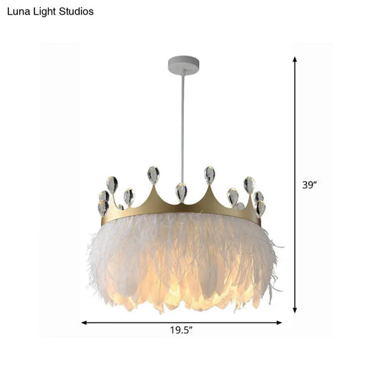 Golden Feather Crown Pendant Light For Kids Bedroom - 1-Light Nordic Hanging Fixture (16/19.5 W)