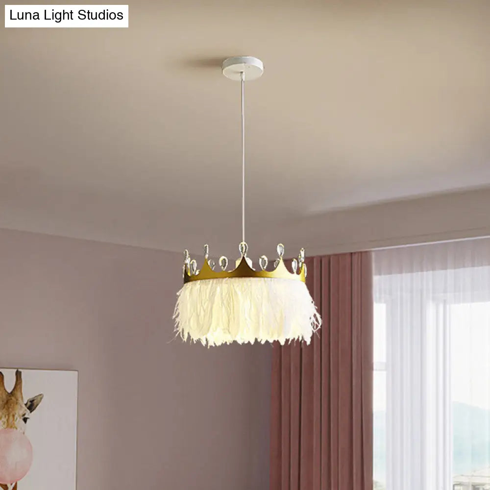 Golden Feather Crown Pendant Light For Kids Bedroom - 1-Light Nordic Hanging Fixture (16/19.5 W)