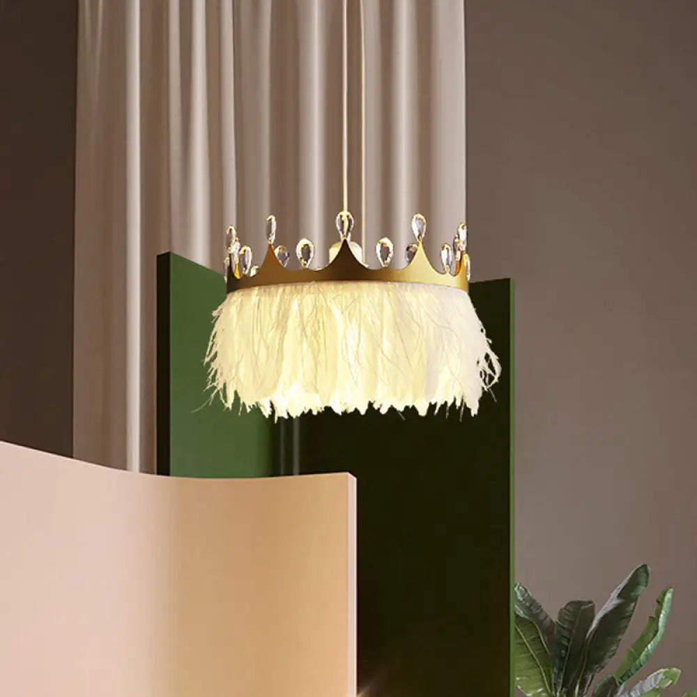 Gold Crown Shaped Kids Bedroom Pendant Lamp Feather Nordic Hanging Light - 1-Light Fixture