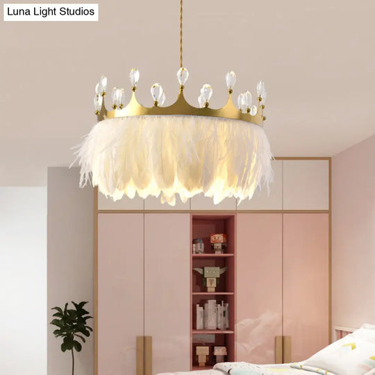 Gold Crown Shaped Kids Bedroom Pendant Lamp Feather Nordic Hanging Light - 1-Light Fixture