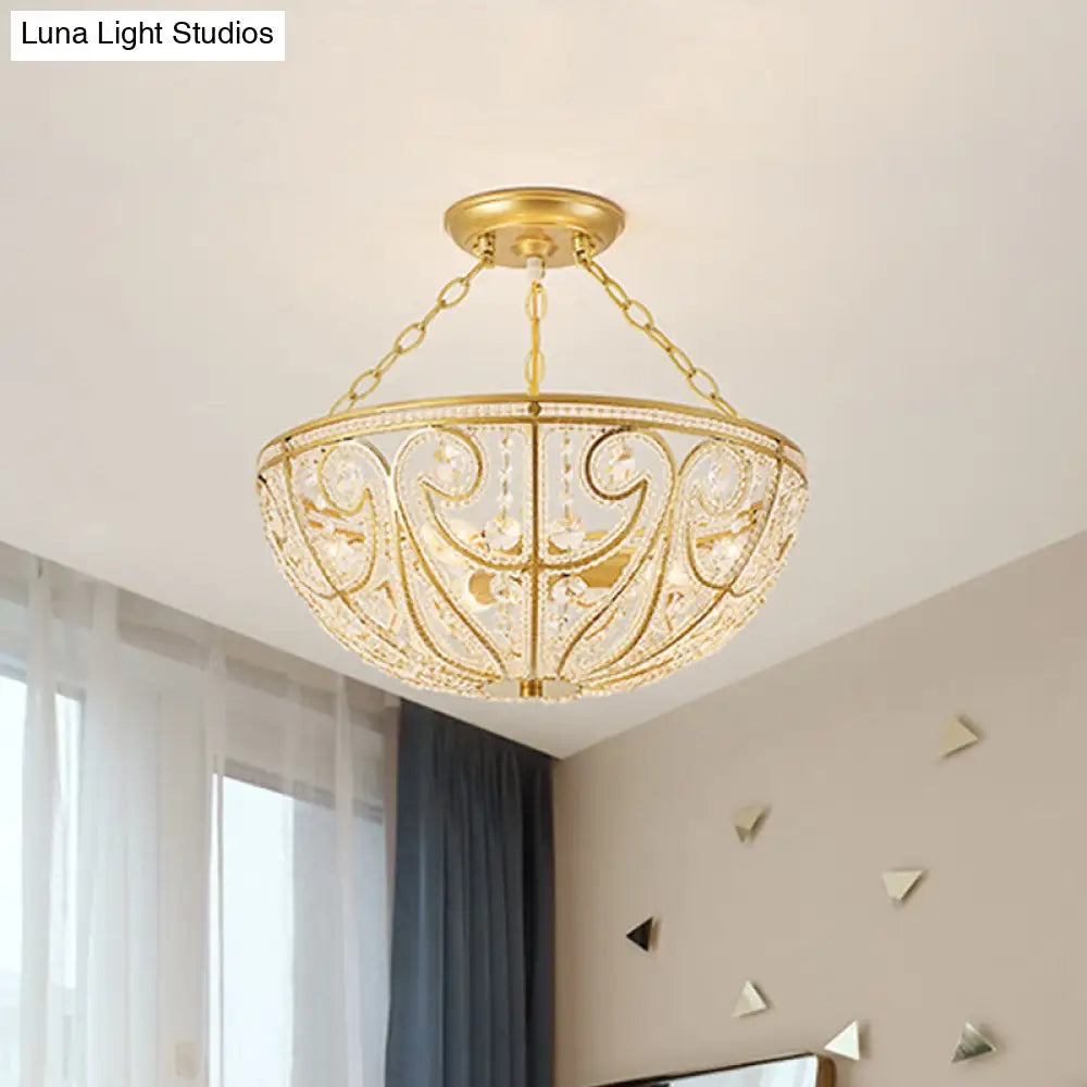 Gold Crystal 1 Light Bedroom Flush Mount Lamp - Contemporary Semi Lighting