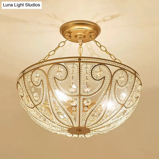 Gold Crystal 1 Light Bedroom Flush Mount Lamp - Contemporary Semi Lighting