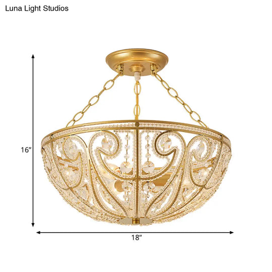 Gold Crystal 1 Light Bedroom Flush Mount Lamp - Contemporary Semi Lighting