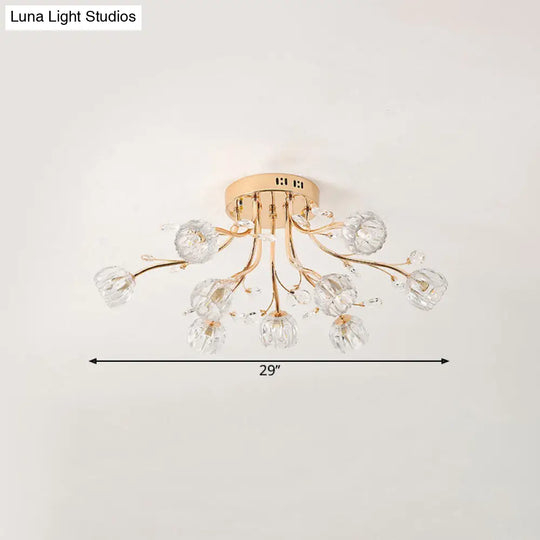 Gold Crystal 9-Light Sleeping Room Ceiling Fixture - Spray Semi Flush Mount For Simplicity And