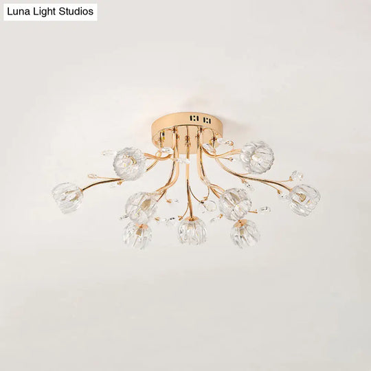 Gold Crystal 9-Light Sleeping Room Ceiling Fixture - Spray Semi Flush Mount For Simplicity And