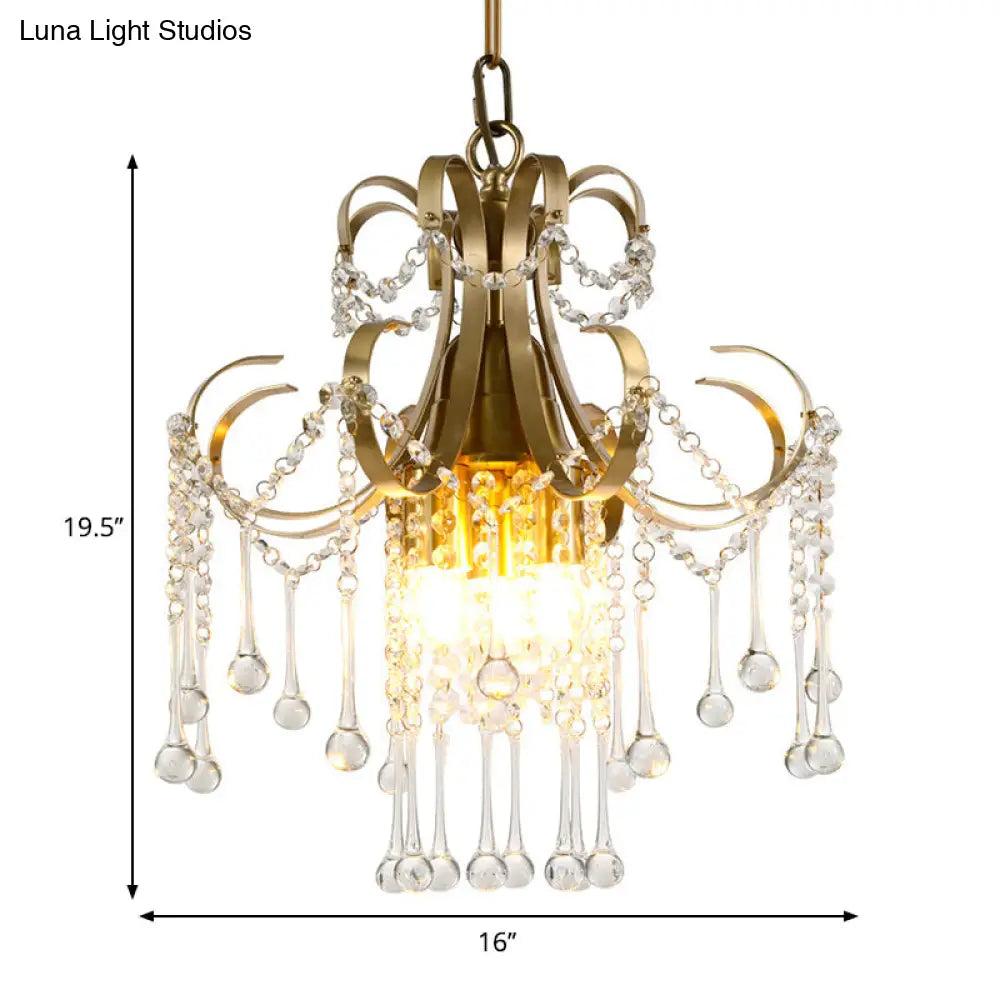 Modern Curvy Arm Crystal Beads Ceiling Pendant Chandelier Lamp In Gold - 3 Bulbs For Bedchamber