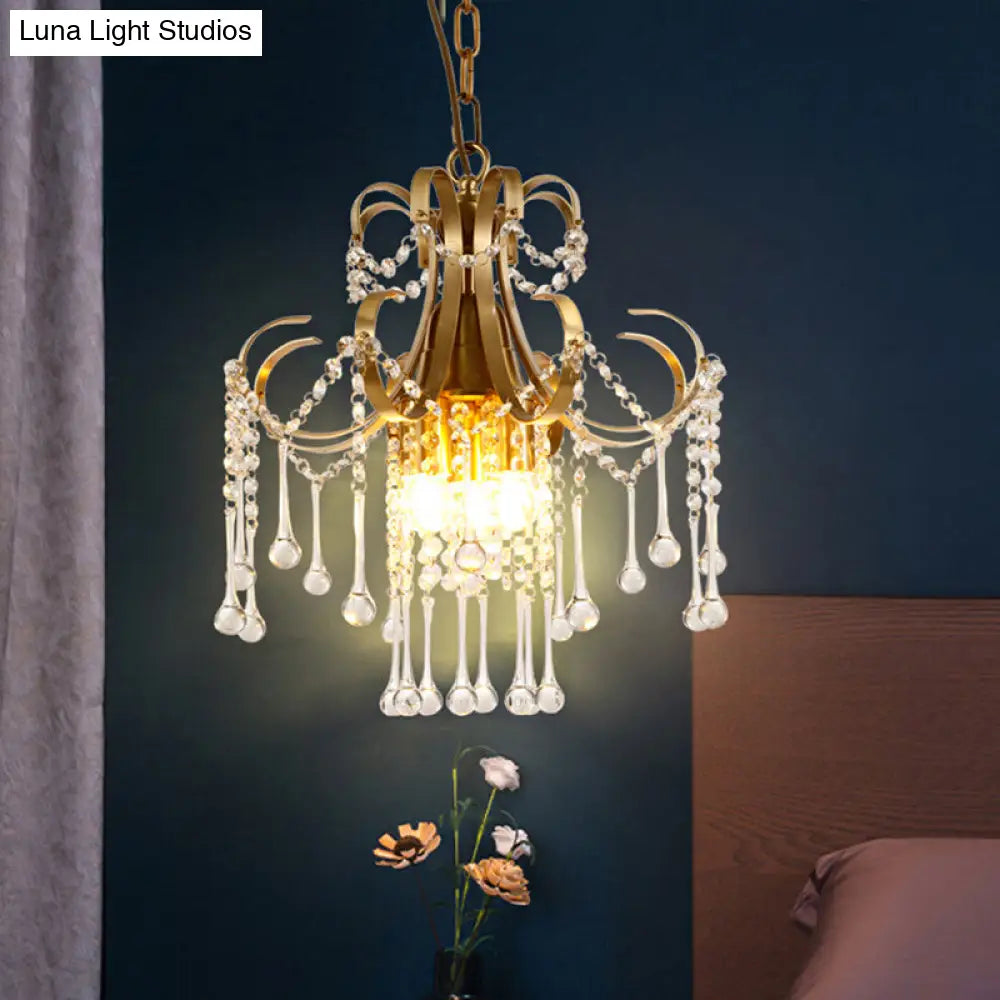 Modern Curvy Arm Crystal Beads Ceiling Pendant Chandelier Lamp In Gold - 3 Bulbs For Bedchamber